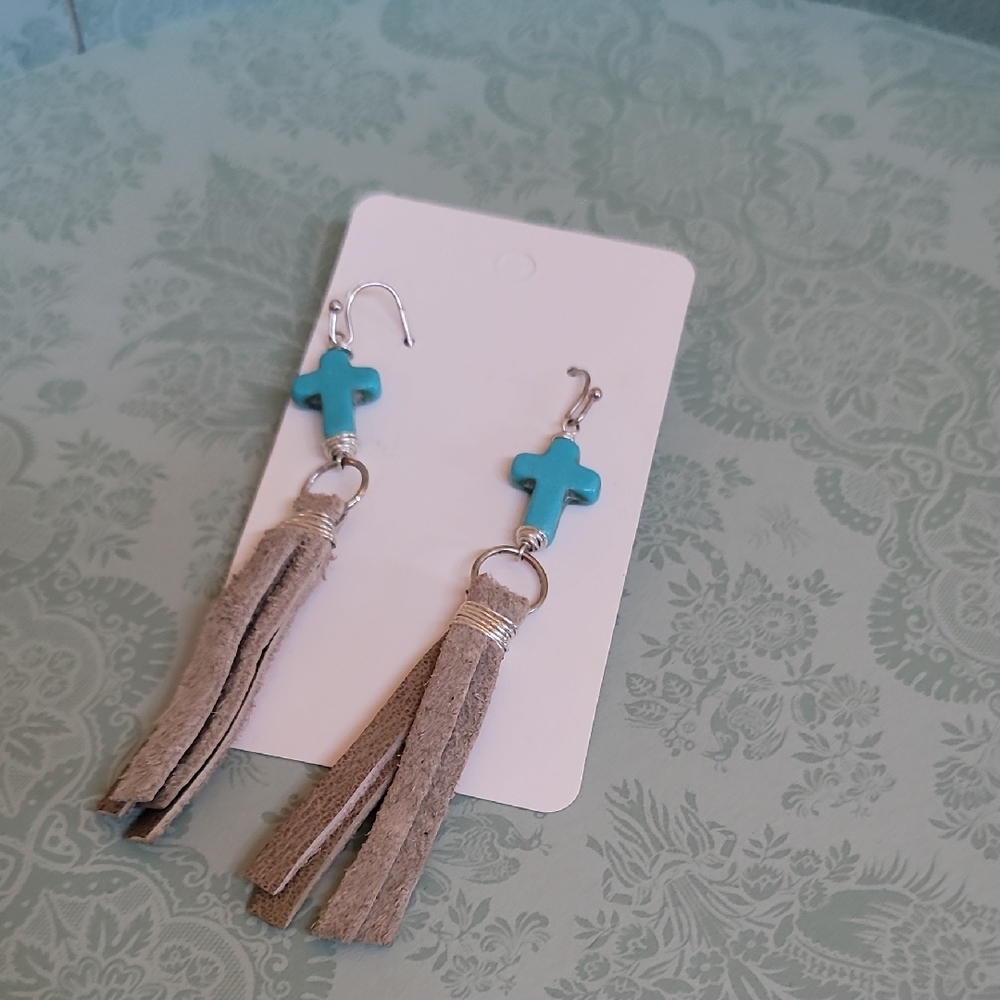 Turquoise Cross Dangle Earrings with Tassels